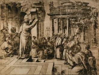 Kázání sv. Pavla v Athénách; kresba z Raphaelovy školy. Gabinetto dei Disegni e delle Stampe, Uffizi, Florencie